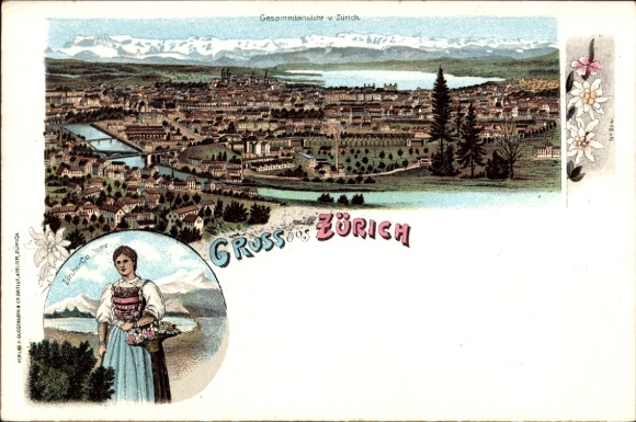 lito Zurych miasto Szwajcaria, widok ogólny, kobieta w tradycyjnym stroju