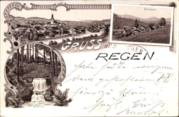 Litho Regen im Bayerischen Wald, St. Johann, Blick auf den Ort