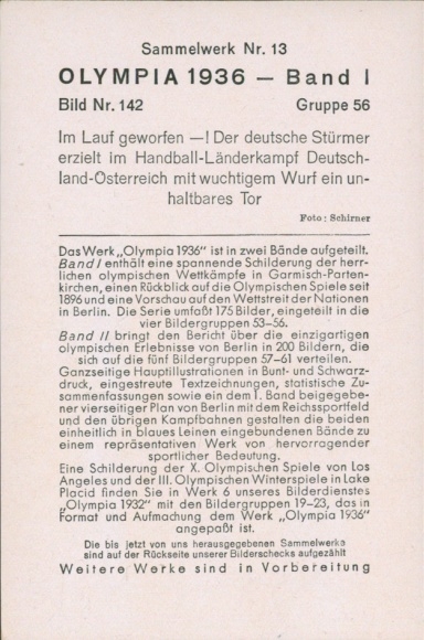 Collector's card Olympic Games 1936, handball national campaign Germany Austria, striker