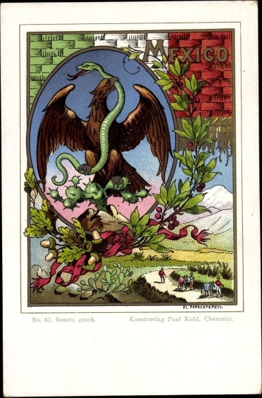 Chromo-Litho Mexico, Popocatepetl, eagle, snake, cactus