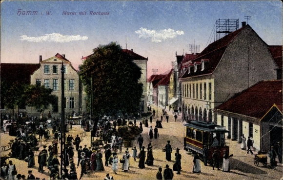 Postcard Hamm in Westphalia, market with town hall and tram