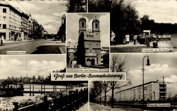 Postcard Berlin Treptow Baumschulenweg, Baumschulenstraße, Promenade on the Spree, Ferry, Church