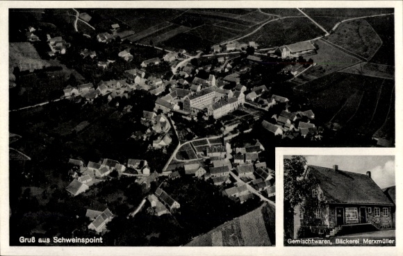 Postcard Schweinspoint Marxheim in Swabia Bavaria, aerial view, bakery
