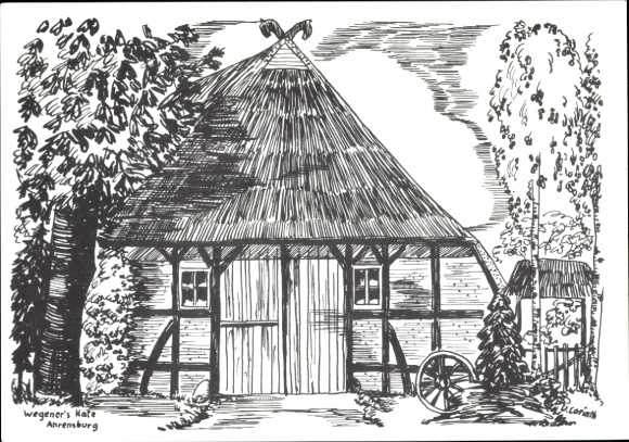 Ak Ahrensburg in Holstein, Zeichnung eines Reetdachhauses, Details am Gebäude, Garten mit Wagenra