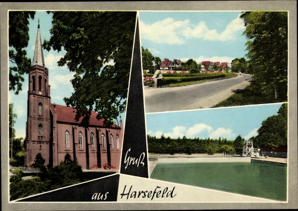 Ak Harsefeld in Nedersaksen, kerk, buitenzwembad, straatgedeelte