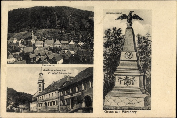 Postcard Wirsberg in the Franconian Forest Bavaria, war memorial, inn white horse, business Bärnreuther