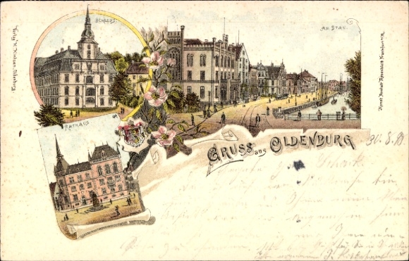 Litho Oldenburg im Großherzogtum Oldenburg, Am Stau, Rathaus, Schloss