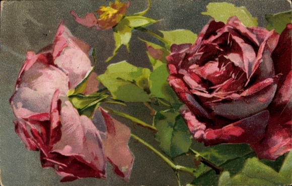 Artist Postcard Klein C., Blossom branches with red roses