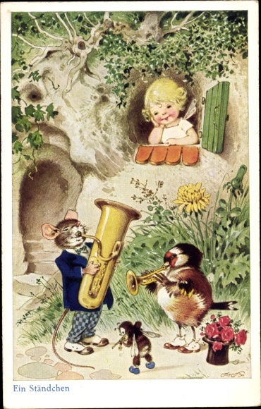 Künstler Ak Baumgarten, Fritz, Ein Ständchen, Elfe, Maus, Biene, Vogel