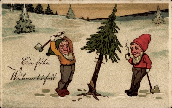 Artist Postcard Merry Christmas, dwarves, Christmas tree