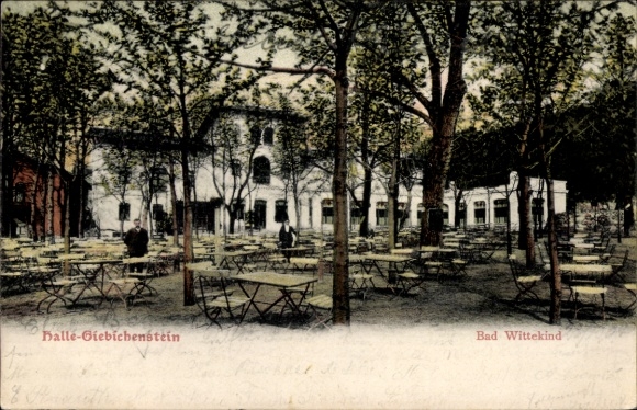 Postcard Halle an der Saale, Solbad Wittekind, garden, tables and trees, atmosphere, Halle-Giebich
