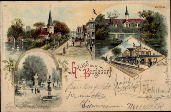 Chromo-Litho Hamburg Bergedorf, castle, train station, track side, Kaiser Wilhelm monument, street section