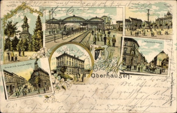 Litho Oberhausen im Ruhrgebiet, Bahnhof, Marktstraße, Alter Markt, Kriegerdenkmal, Rathaus