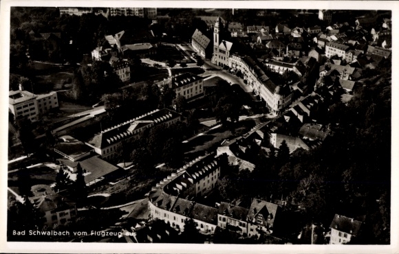 Postcard Bad Schwalbach im Taunus, Bad Schwalbach from the plane, houses, streets, trees