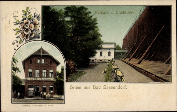 Postcard Bad Sassendorf in the district of Soest, spa park, graduation house, inn