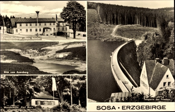 Postcard Sosa Eibenstock in the Ore Mountains, Karl Marx hiking hut, Hans Beimler youth hostel, dam