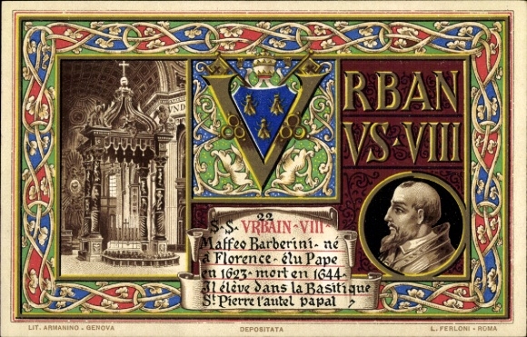 Chromo-Litho Pope Urban VIII, Urbanus VIII, Maffeo Barberini, coat of arms