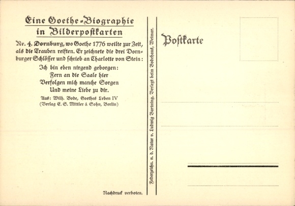 Artist Postcard Dornburg an der Saale Thuringia, Goethe biography, poem, No. 4