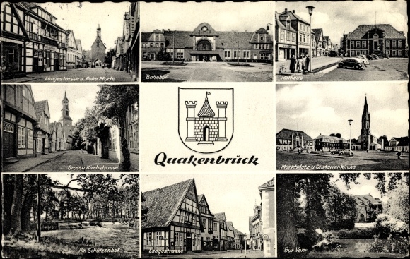 Wappen Ak Quakenbrück in Niedersachsen, Bahnhof, Gut Vehr, Schützenhof, Strassenansichten