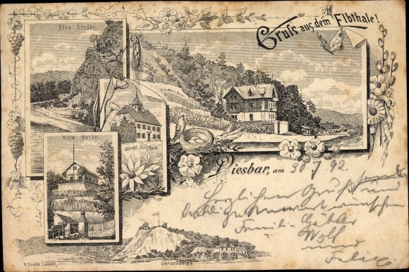 Voorloper Litho Diesbar Seusslitz in Saksen, Villa Herbst, Kgl. Boshuis, slechte broer