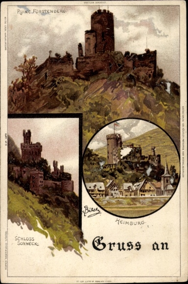 Artist PC Carl Biese, Rheindiebach Oberdiebach am Rhein, Fürstenberg ruins, Heimburg, Sonneck