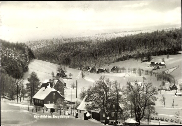 Postcard Rehefeld Zaunhaus Altenberg in the Ore Mountains, snow-covered landscape, mountains, houses, forest