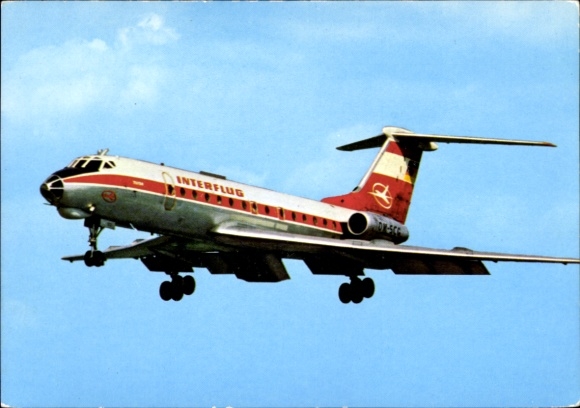 Postcard German passenger aircraft Tupolev TU-134, Interflug, turbine jet airliner