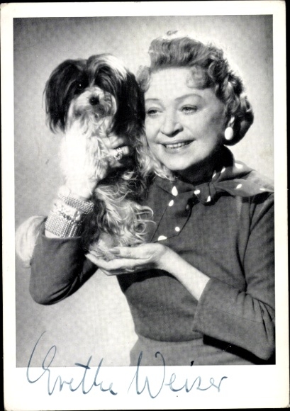 Ak-actrice Grethe Weiser, portret, hond, handtekening