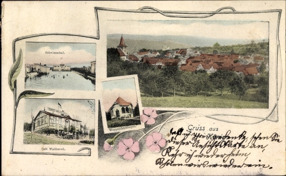 Passepartout Ak Bad König im Odenwald Hessen, Gesamtansicht, Schwimmbad, Cafe Waldesruh