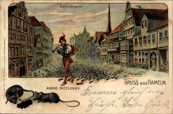 Litho Hameln an der Weser Niedersachsen, Osterstraße, Ratten, Rattenfänger