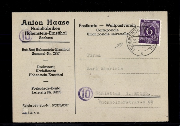 Early use Michel No. 916 Hohenstein Ernstthal 20.2.1946 on cover