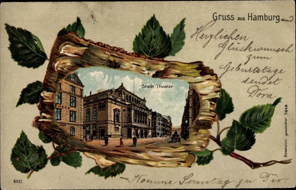 Embossed Birch Wood Chromo-Litho Hamburg Mitte Altstadt, Stadttheater, Street View