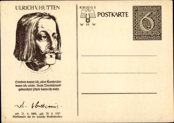 Postal stationery Postcard Ulrich von Hutten, Portrait, War WHW
