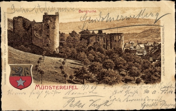 Chromo-Litho Bad Münstereifel in North Rhine-Westphalia, castle ruins, coat of arms
