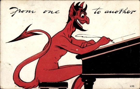 Artist Postcard Red Devil writes with pen, From one to another