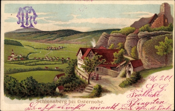 Litho Osternohe Schnaittach im Nürnberger Land Bayern, Partie am Schlossberg, Ruine, Talblick