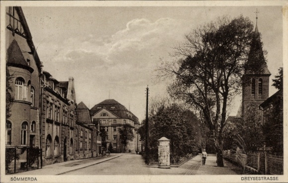 Postcard Sömmerda in Thuringia, city view, Dreyse Street, old architecture, trees, church