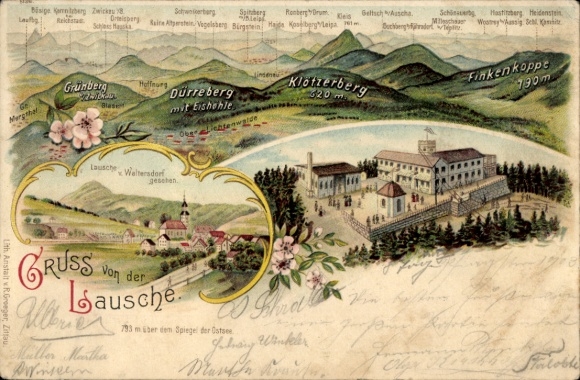 litho Großschönau in het district Görlitz, Lausche gezien vanaf Waltersdorf, Grünberg, Dürreberg, Haida