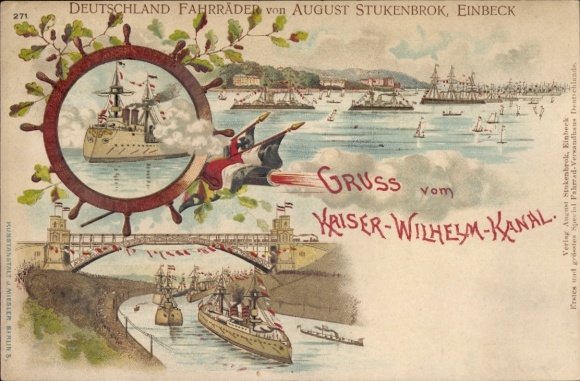 Chromo-Litho German warships, Kaiser Wilhelm Canal, high bridge, flags