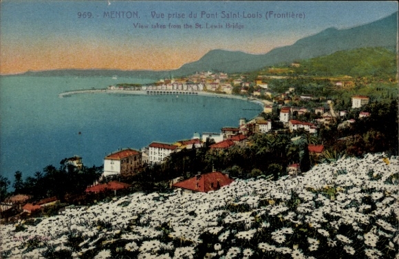 Postcard Menton Alpes Maritimes, view from Pont Saint-Louis, coastal landscape, flower field