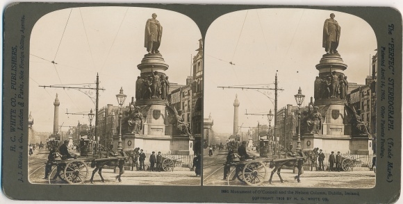 Stereo photo Dublin Ireland, O'Connell's monument and Nelson's Column