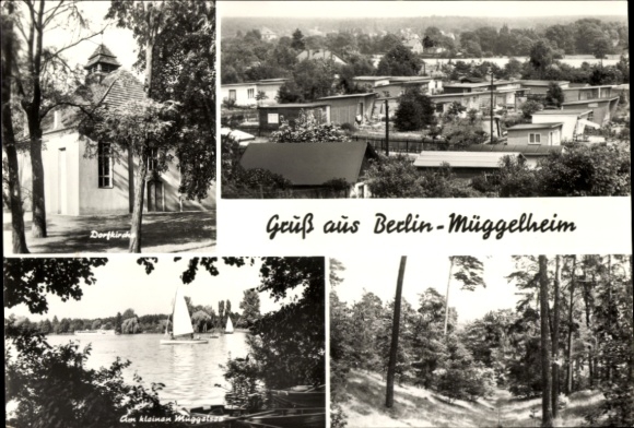 Ak Berlin Köpenick Müggelheim, Dorfkirche, Kleingartensiedlung mit Bungalows, Müggelsee, Waldpartie