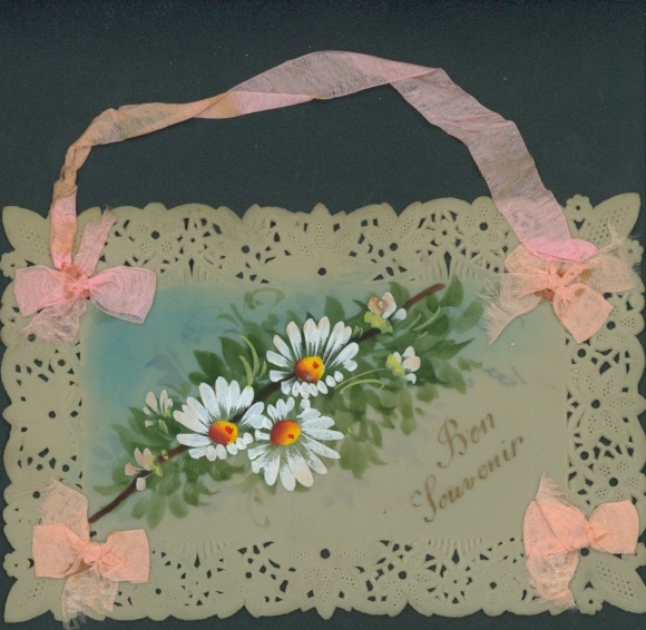 Celluloid Postcard Souvenir, kitsch, fabric bows, flowers