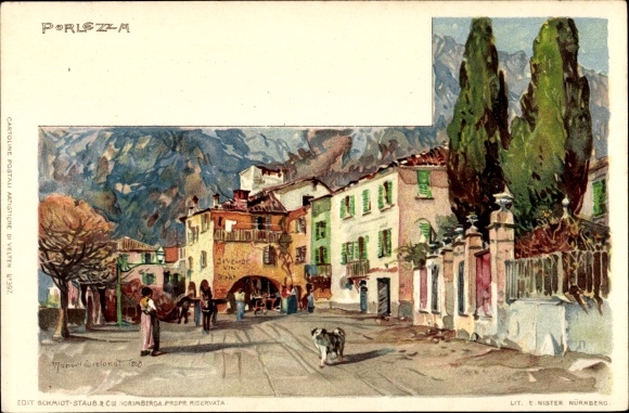 Artist Chromo-Litho Wielandt, M., Porlezza Lombardia, street scene, dog, passers-by