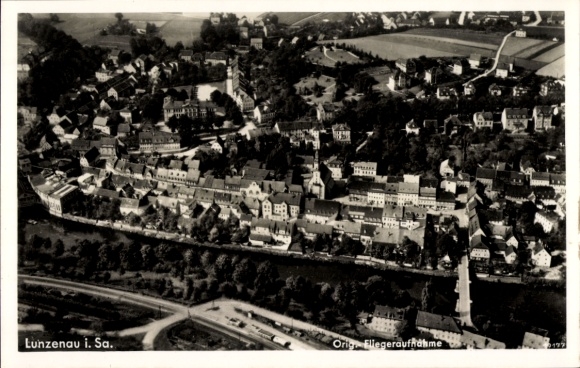 Postcard Lunzenau in Saxony, aerial photograph