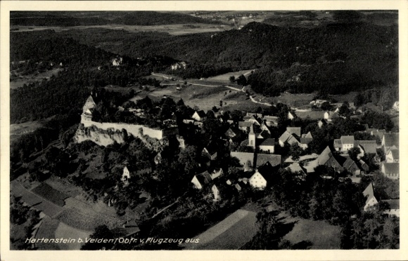 Postcard Hartenstein in the Ore Mountains Saxony, aerial view of Hartenstein, castle ruins, surrounding landscape