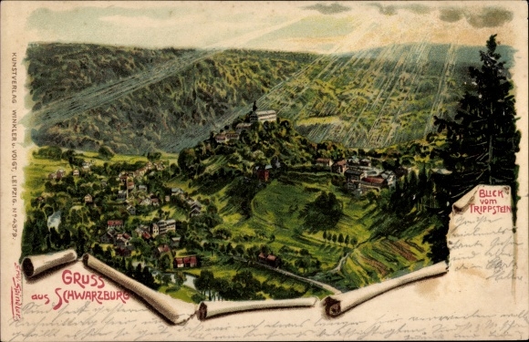 Artist Chromo-Litho Spindler, Erwin, Schwarzburg in Thuringia, panorama, sunshine