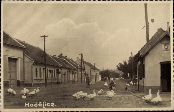 Foto Ak Hodějice Hodejitz Region Südmähren, Straßenpartie im Ort mit Gänsen