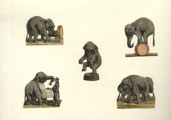 5 Oblaten Zirkuselefanten, Größe ca. 6 x 7 cm und 6,5 x 4 cm