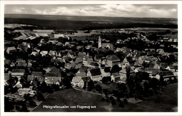 Postcard Pfalzgrafenweiler in the Black Forest Württemberg, aerial photograph of black and white photography